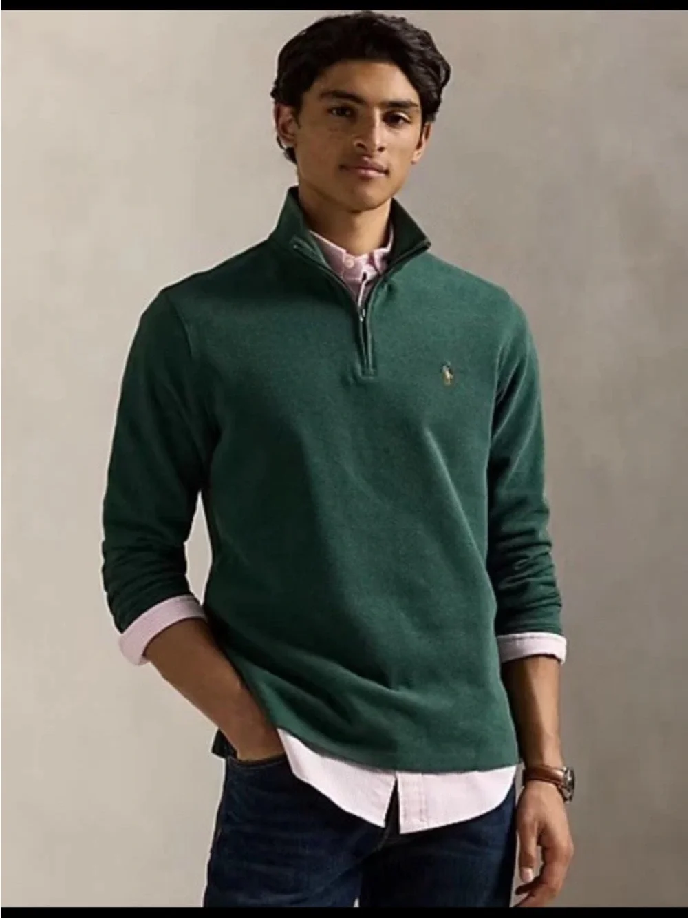 $135 POLO RALPH LAUREN MEN'S Plaid Estate-Rib Quarter-Zip Pullover Green XL